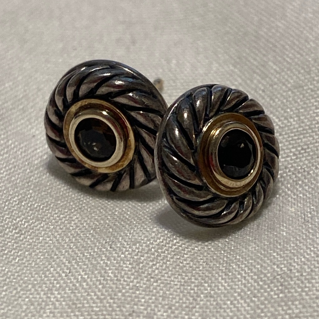 David Yurman Sterling Silver 925 14k Gold 585 Smokey Quartz Cookie Stud Earrings